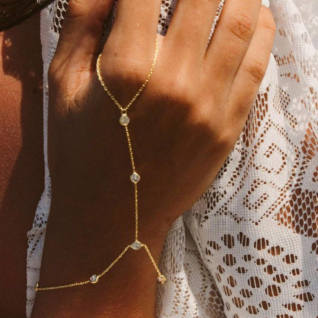 Detalle de cadena ajustable para dedo en acero inoxidable – lenorajewelry.com/handpiece-dorado-ajustable-lenora handpiece dorado, pulsera de dedo, joyas à prova d'água, acero inoxidable, zircônia cúbica, moda 2024, Lenora