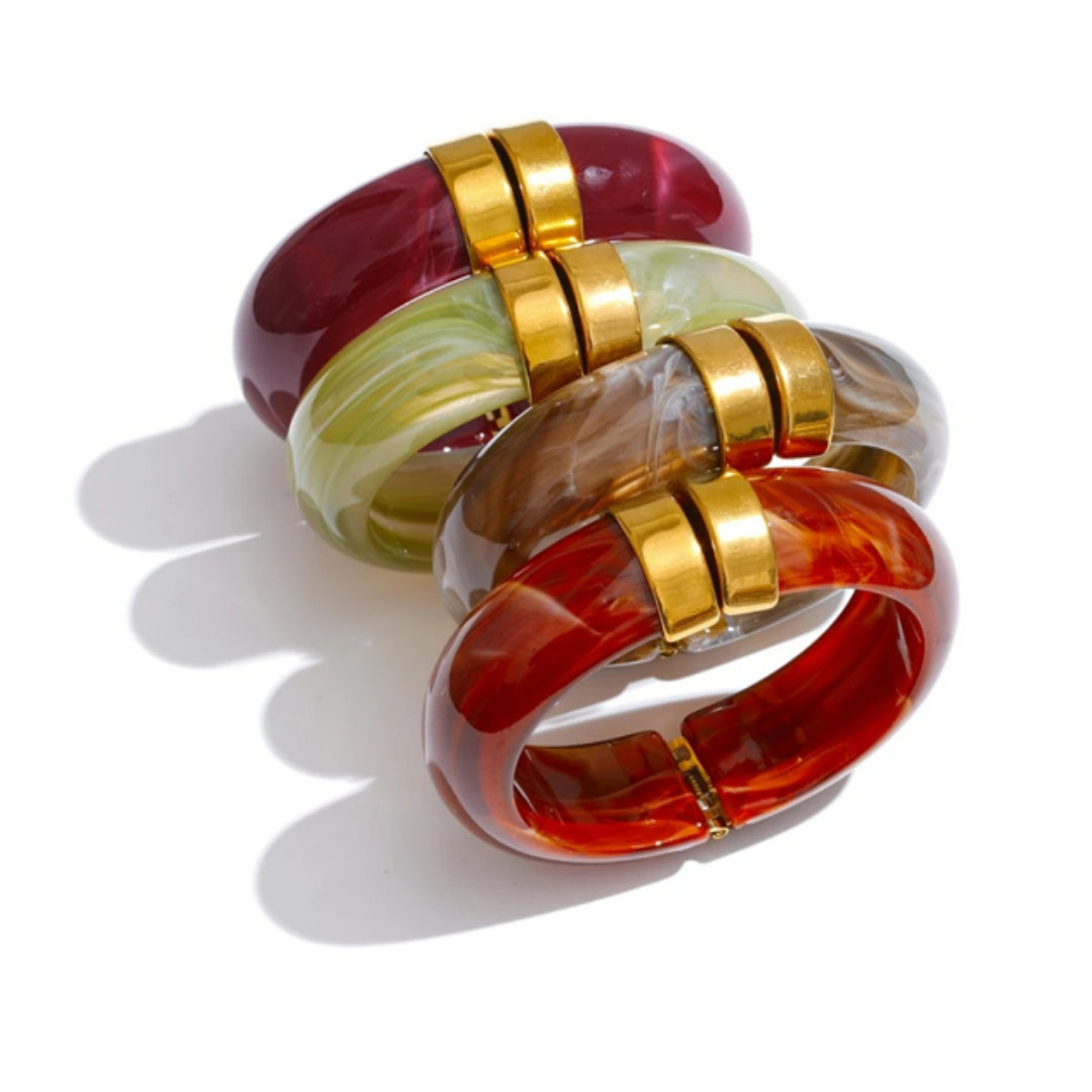 Pulsera Arcoíris Sólido acrílico multicolor – lenorajewelry.com/pulsera-arcoiris-solido-acrilico, Joyas gruesas mujer 66mm acero oro 18k, Pulsera acrílico revestimiento platina verde-rosa