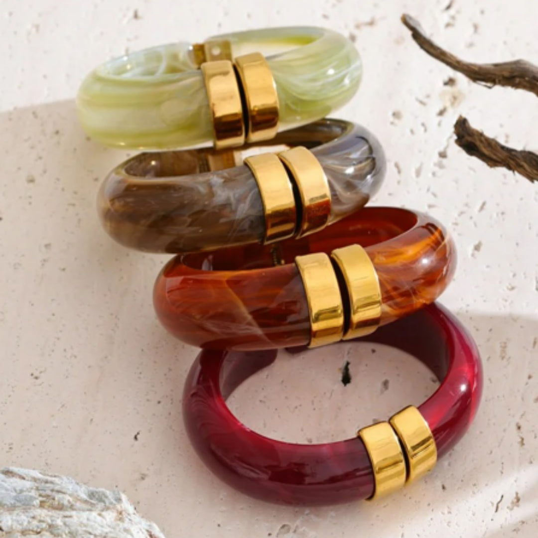 Pulsera Arcoíris Sólido acrílico multicolor – lenorajewelry.com/pulsera-arcoiris-solido-acrilico, Joyas gruesas mujer 66mm acero oro 18k, Pulsera acrílico revestimiento platina verde-rosa