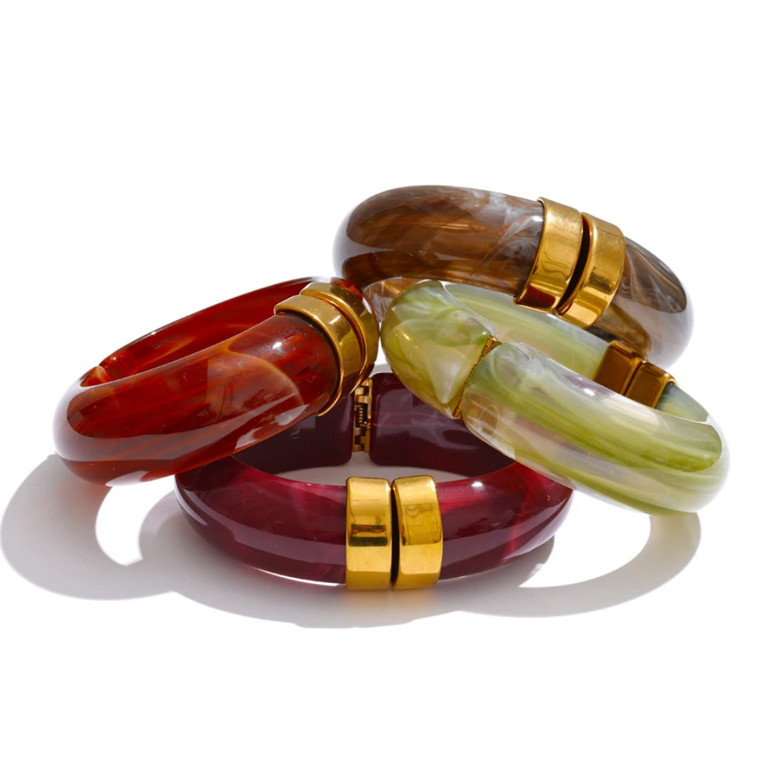 Pulsera Arcoíris Sólido acrílico multicolor – lenorajewelry.com/pulsera-arcoiris-solido-acrilico, Joyas gruesas mujer 66mm acero oro 18k, Pulsera acrílico revestimiento platina verde-rosa