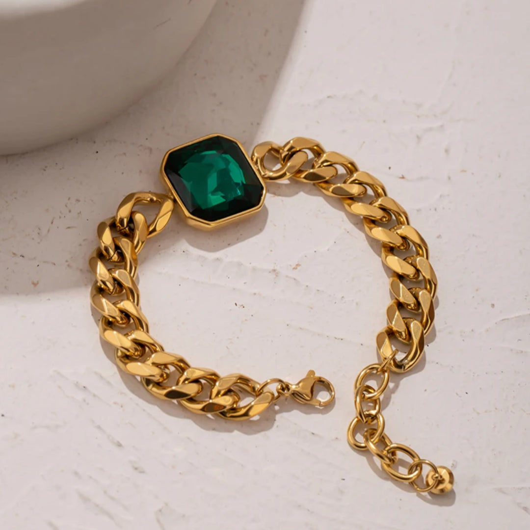 Pulsera Audaz Lenora de acero inoxidable con oro PVD – lenorajewelry.com/pulsera-audaz-lenora, Pulsera de cadena gruesa con cristales verdes, Joyería punk hip hop para mujer, pulsera dorada
