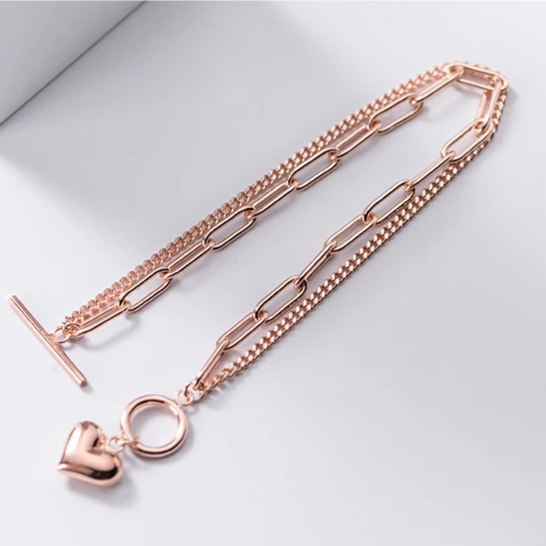 Classic Dual Layer Heart Chain Bracelet for Women, Pulsera clásica de doble capa con cadena de corazón