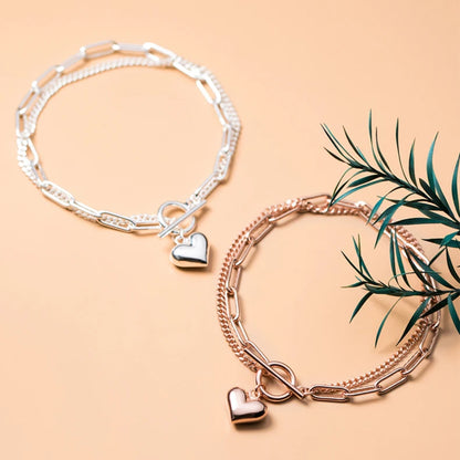 Classic Dual Layer Heart Chain Bracelet for Women, Pulsera clásica de doble capa con cadena de corazón