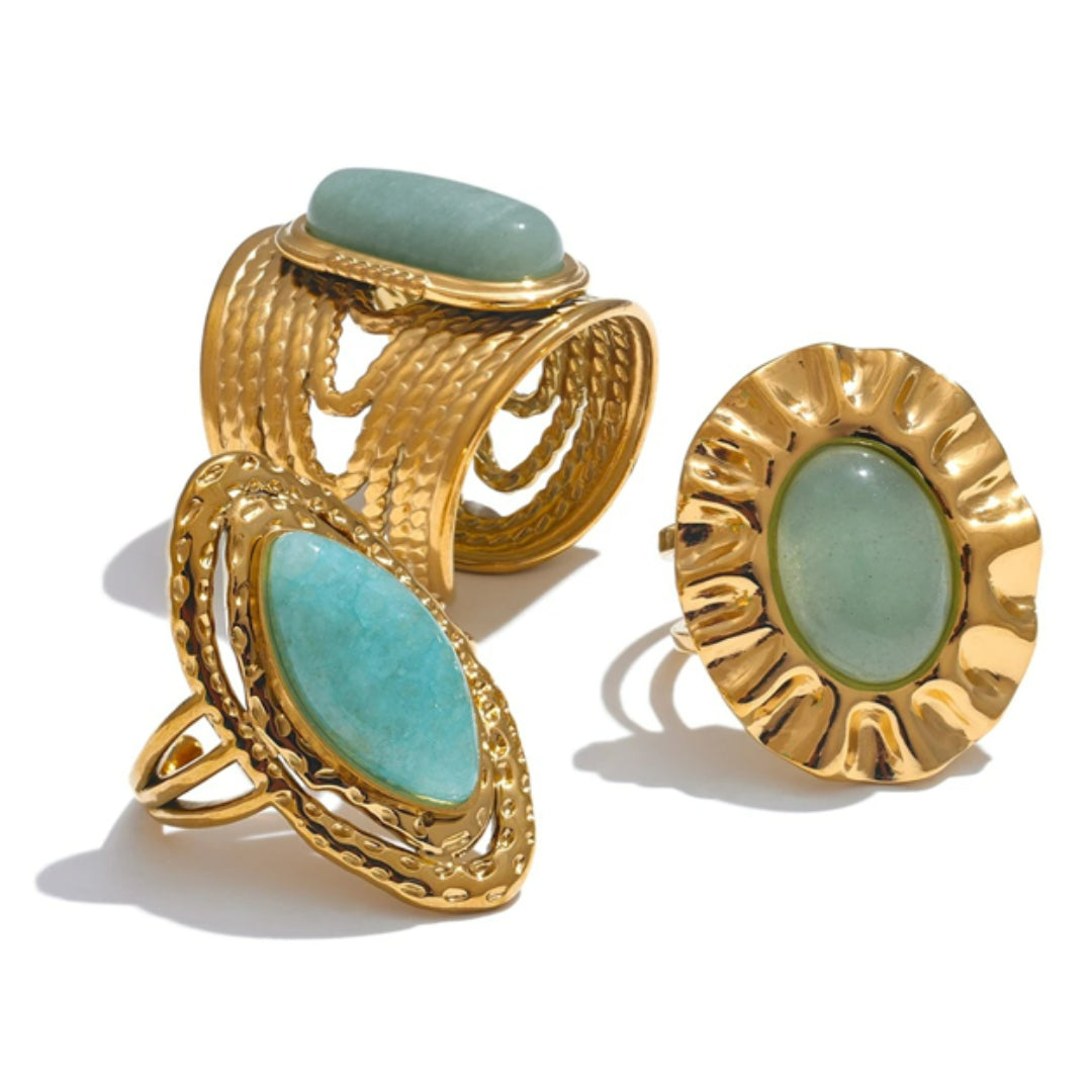 anillo ajustable, piedra natural verde, joyería geométrica, acero inoxidable, oro dorado, regalo mujer, lenora jewelry, moda diaria