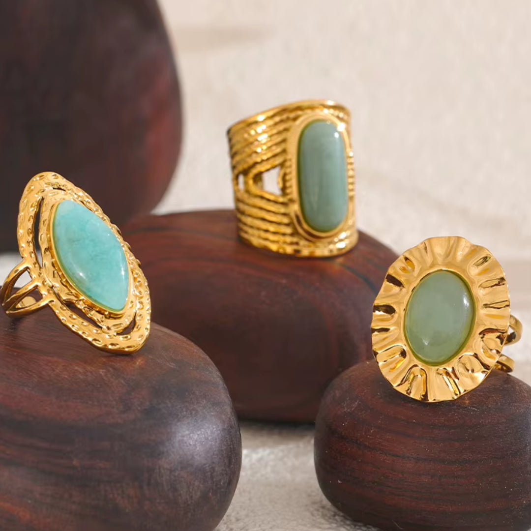 anillo ajustable, piedra natural verde, joyería geométrica, acero inoxidable, oro dorado, regalo mujer, lenora jewelry, moda diaria