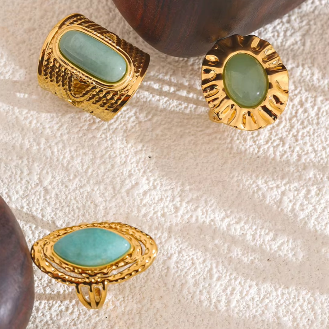 anillo ajustable, piedra natural verde, joyería geométrica, acero inoxidable, oro dorado, regalo mujer, lenora jewelry, moda diaria