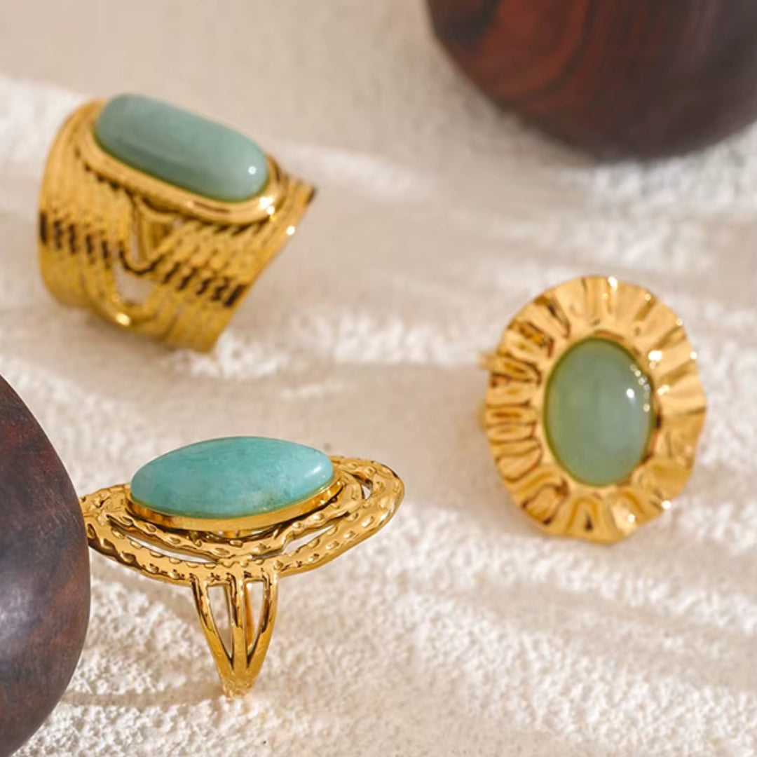 anillo ajustable, piedra natural verde, joyería geométrica, acero inoxidable, oro dorado, regalo mujer, lenora jewelry, moda diaria