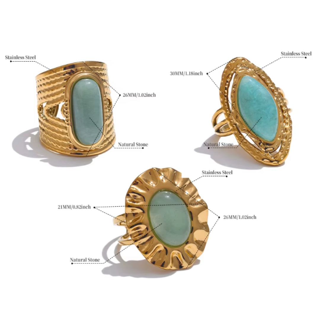 anillo ajustable, piedra natural verde, joyería geométrica, acero inoxidable, oro dorado, regalo mujer, lenora jewelry, moda diaria
