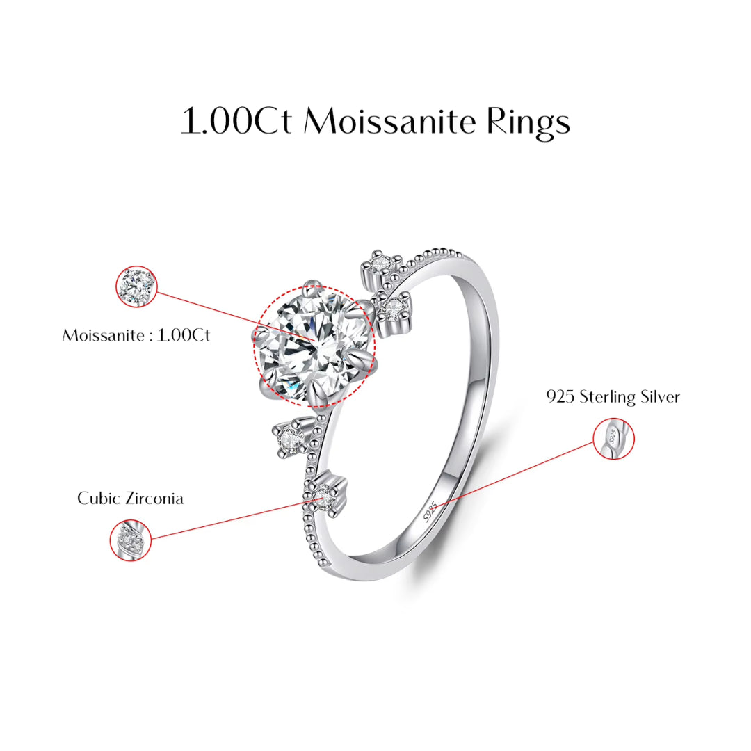 anillo de moissanita, anillo de boda, joyería de plata, anillo de compromiso, diseño de flor, moissanita 1ct, joyería para mujeres, anillo elegante, regalo de boda, joyería fina