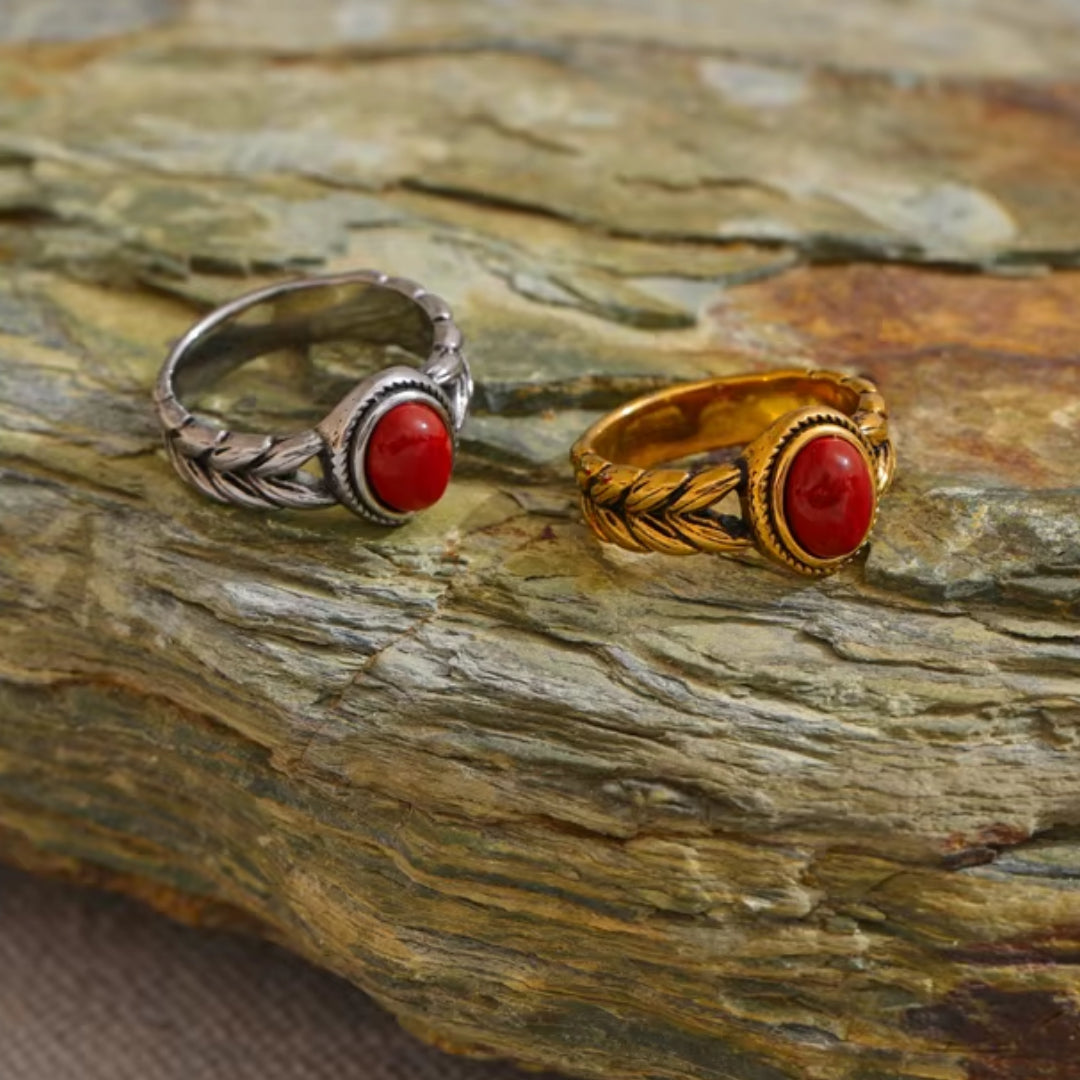 anillo retro, joyería vintage, acero inoxidable, piedra natural negra, oro rojo, regalo mujer, lenora jewelry