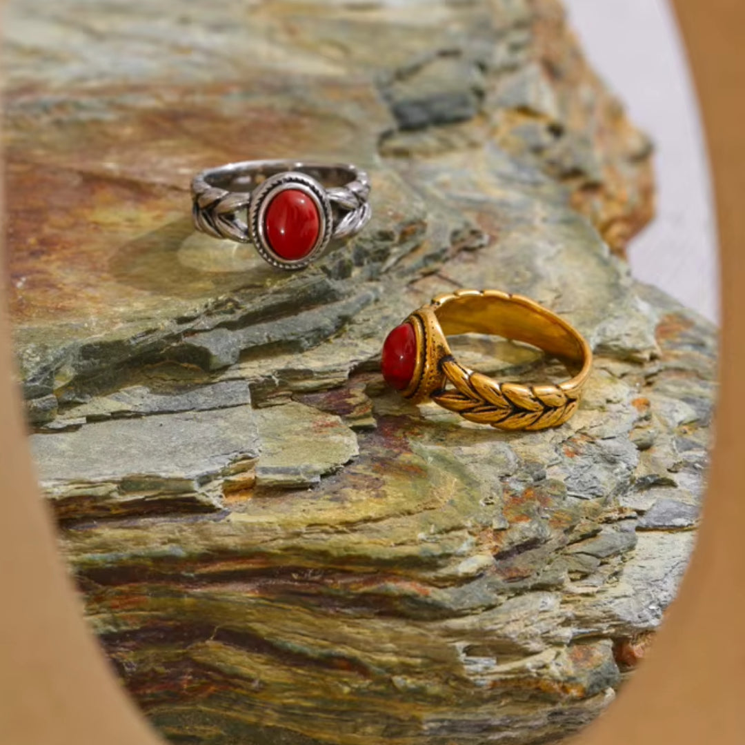 anillo retro, joyería vintage, acero inoxidable, piedra natural negra, oro rojo, regalo mujer, lenora jewelry