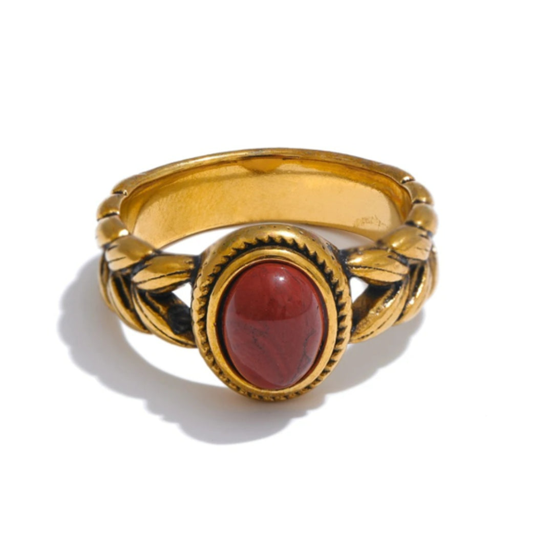 anillo retro, joyería vintage, acero inoxidable, piedra natural negra, oro rojo, regalo mujer, lenora jewelry
