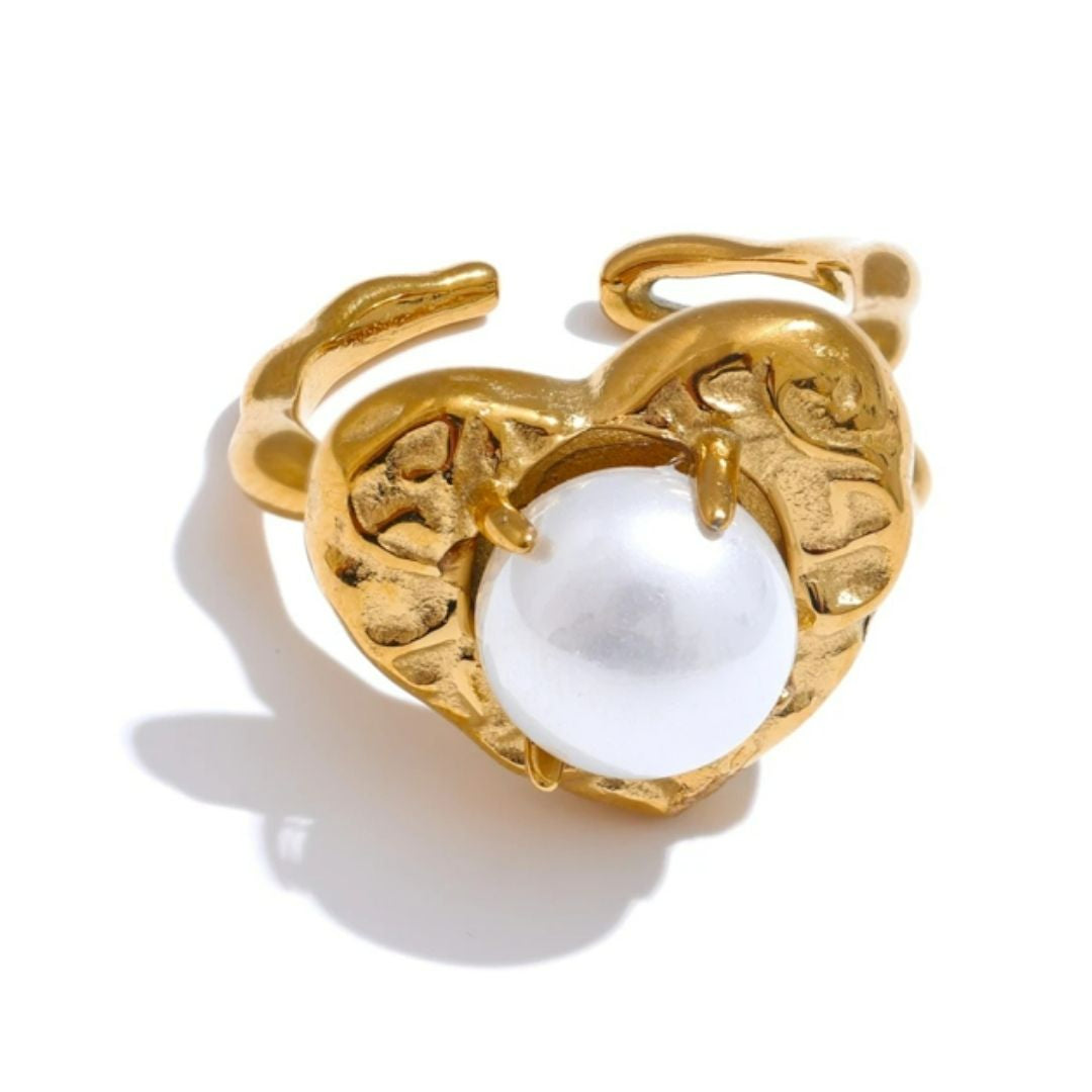 anillo romántico, joyería de perlas, regalo para ella, anillo corazón, acero inoxidable joyas, lenora, anillo abierto, joyas de amor, perlas simuladas, regalo aniversario, Joyas para mujer regalo amor acero inoxidable – lenorajewelry.com/anillo-susurro-perla-oro-corazon  