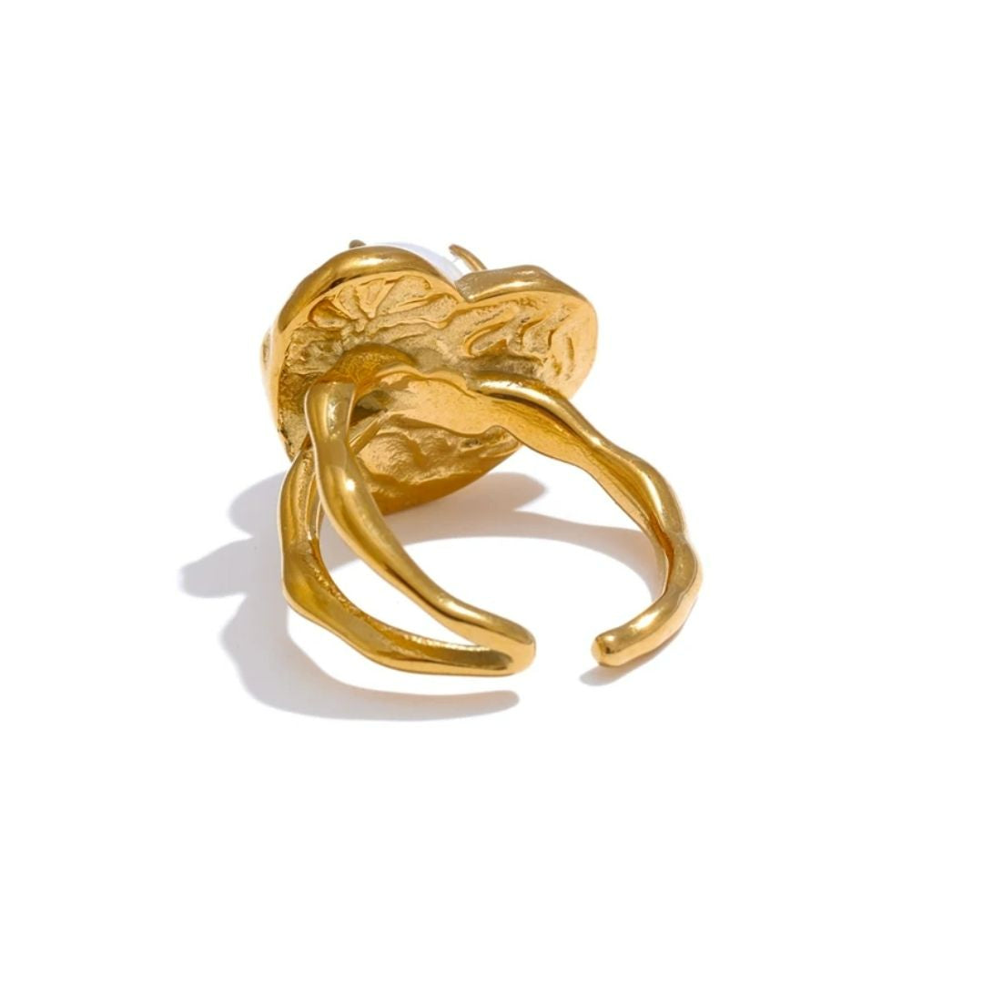 anillo romántico, joyería de perlas, regalo para ella, anillo corazón, acero inoxidable joyas, lenora, anillo abierto, joyas de amor, perlas simuladas, regalo aniversario, Joyas para mujer regalo amor acero inoxidable – lenorajewelry.com/anillo-susurro-perla-oro-corazon  