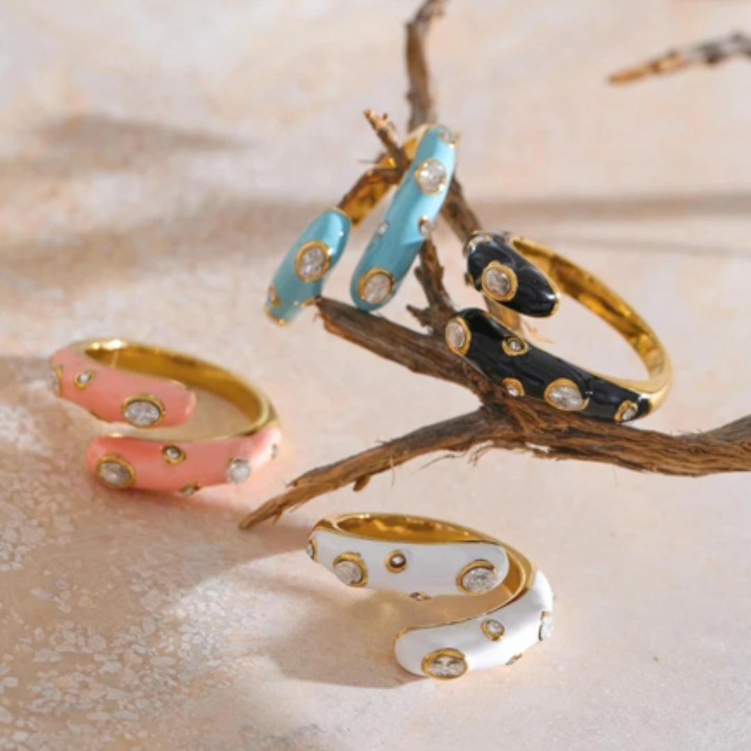 anillo Y2K, joyería ajustable, esmalte vibrante, Sweet Nova, zirconia cúbica, acero dorado, moda retro, regalos únicos, joyas hipoalergénicas