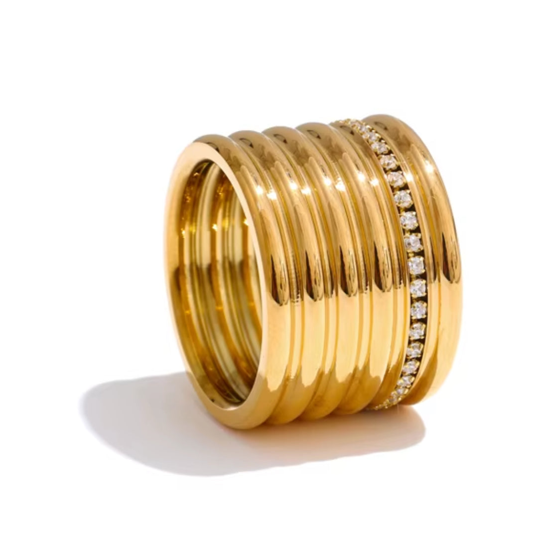 anillo de acero inoxidable, anillo bañado en oro, anillo de zircón, anillo geométrico, anillo ancho de mujer, anillo de lujo, anillo moderno, anillo PVD 18K