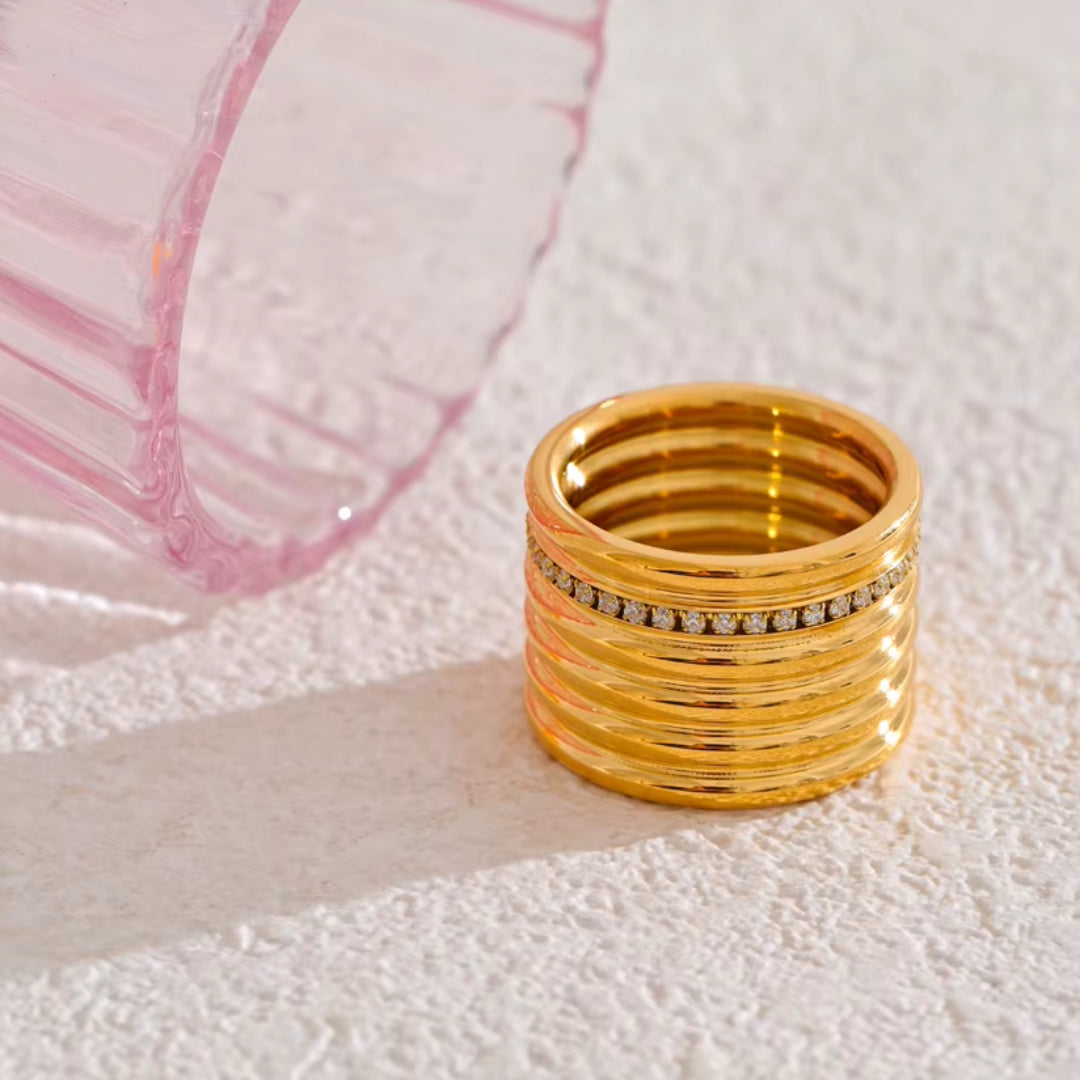 anillo de acero inoxidable, anillo bañado en oro, anillo de zircón, anillo geométrico, anillo ancho de mujer, anillo de lujo, anillo moderno, anillo PVD 18K