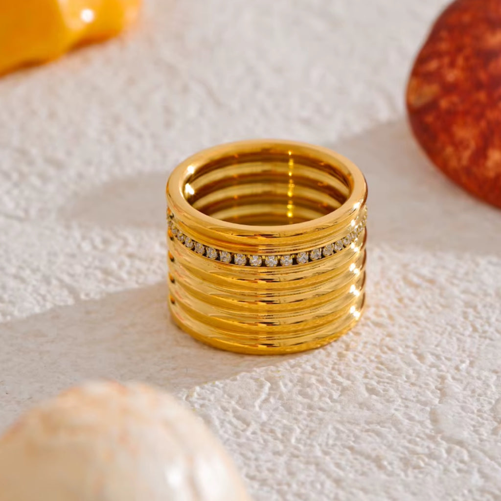 anillo de acero inoxidable, anillo bañado en oro, anillo de zircón, anillo geométrico, anillo ancho de mujer, anillo de lujo, anillo moderno, anillo PVD 18K