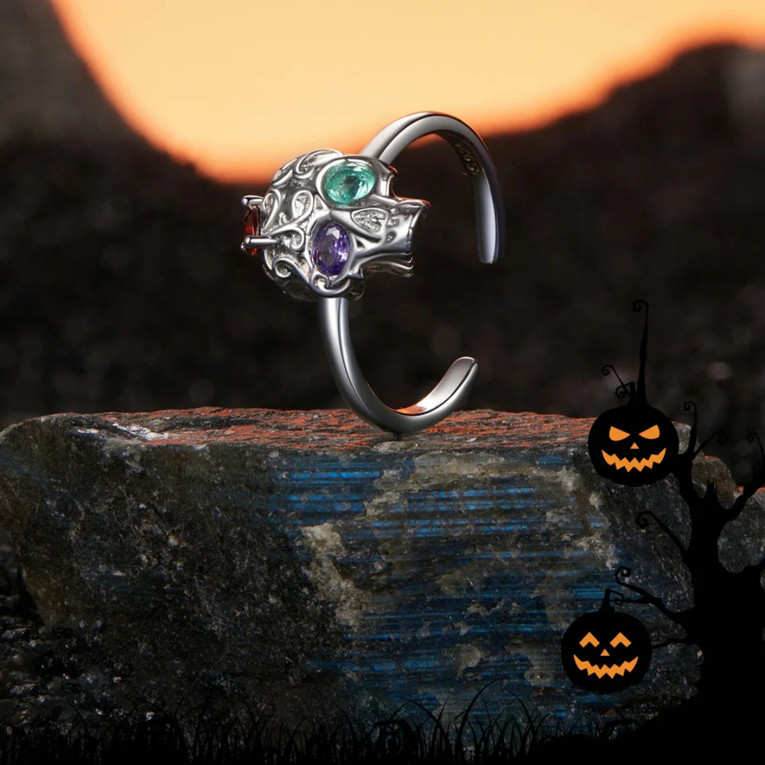 anillo cráneo plata, anillo halloween, joyería halloween mujeres, anillo retro mujeres, anillo con circonitas