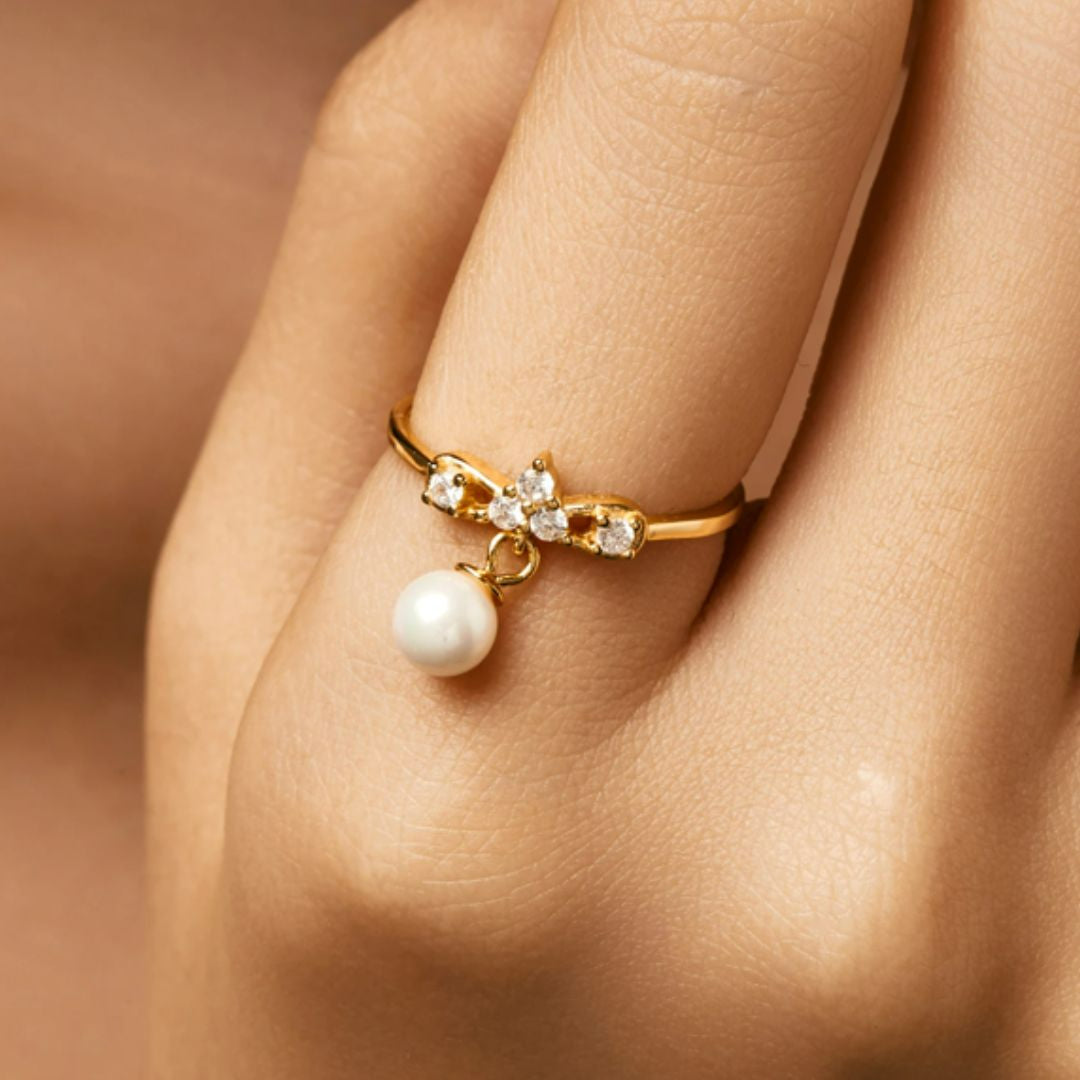 Anillo de Dedo Crown Crystal Pearl Swing Dorado