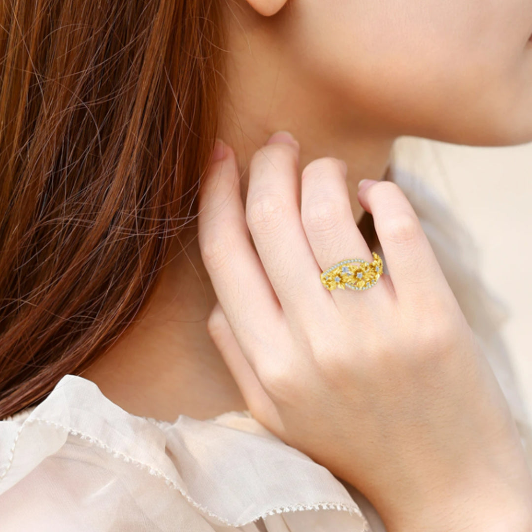 Anillo de Moissanita Amarillo, Anillo Flor Amarilla Moissanita, Joyería de Moissanita Flor Amarilla, Anillo de Lujo con Moissanita Amarilla, Anillo de Compromiso Moissanita Amarilla