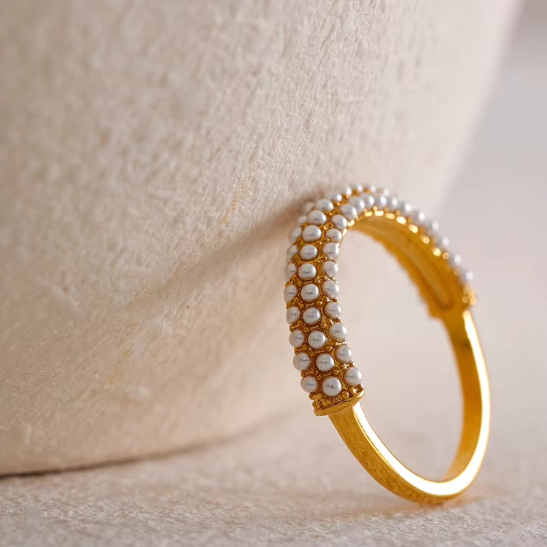 anillo de perla, anillo elegante, acero inoxidable, joyería bañada en oro, anillo impermeable, joyería moderna, anillo romántico, moda femenina, joyería para mujeres, anillo de moda