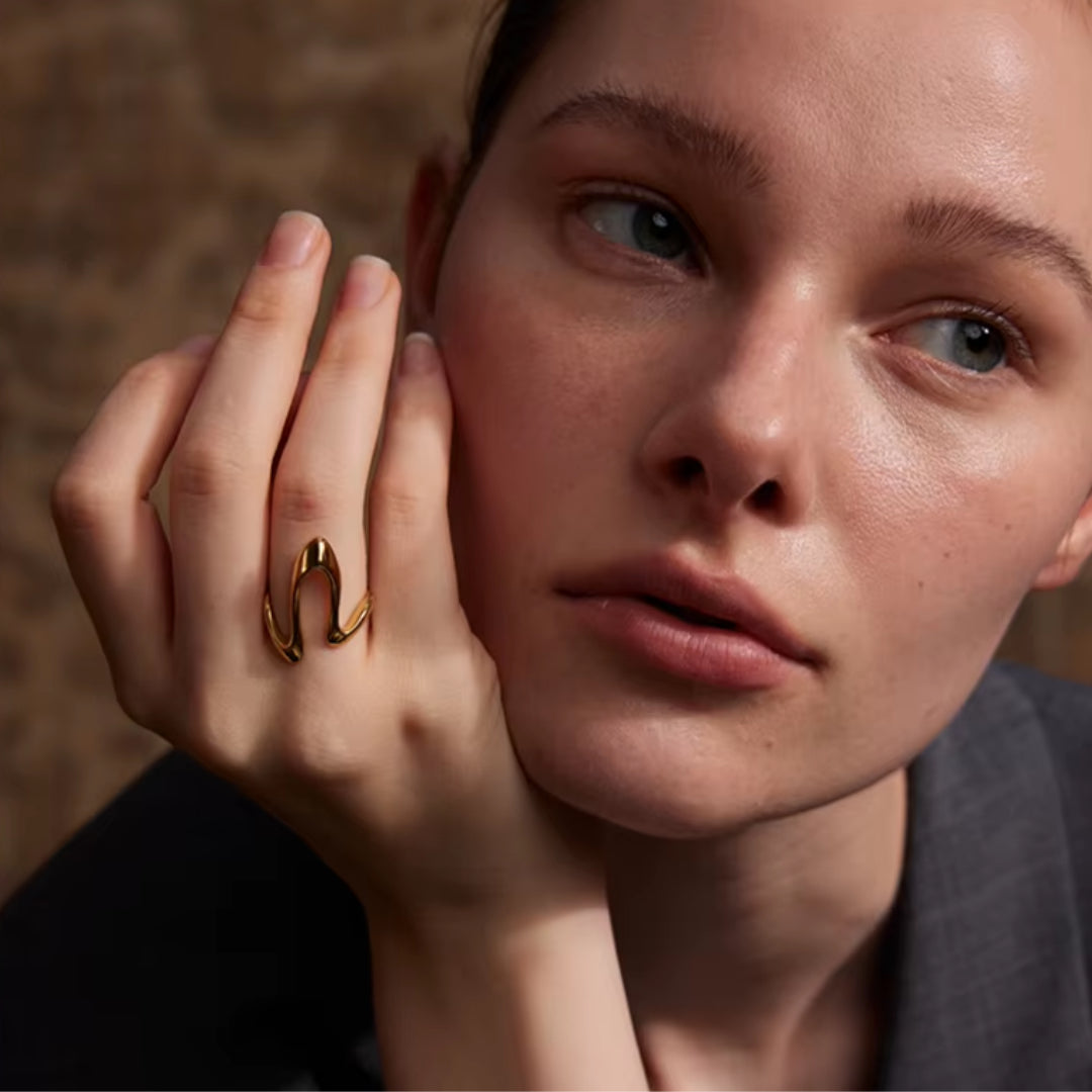anillo ajustable minimalista, anillo de acero inoxidable dorado, anillo en forma de U, joyería moderna para mujer, anillos elegantes para mujer, accesorios resistentes al óxido, anillo chapado en oro ajustable, anillo geométrico a la moda