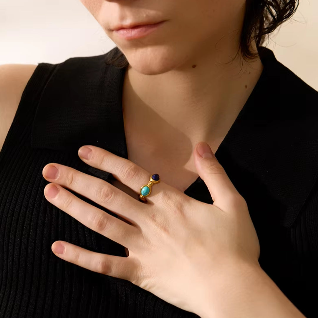 anillo vintage, acero inoxidable, piedras naturales, ágata, turquesa, lapislázuli, joyería de moda, anillo geométrico, anillo texturizado, regalo
