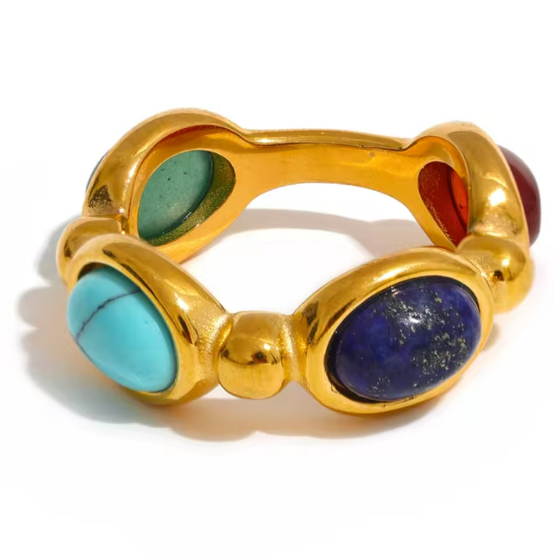 anillo vintage, acero inoxidable, piedras naturales, ágata, turquesa, lapislázuli, joyería de moda, anillo geométrico, anillo texturizado, regalo