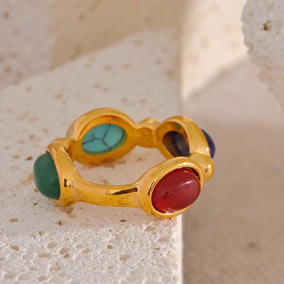 anillo vintage, acero inoxidable, piedras naturales, ágata, turquesa, lapislázuli, joyería de moda, anillo geométrico, anillo texturizado, regalo