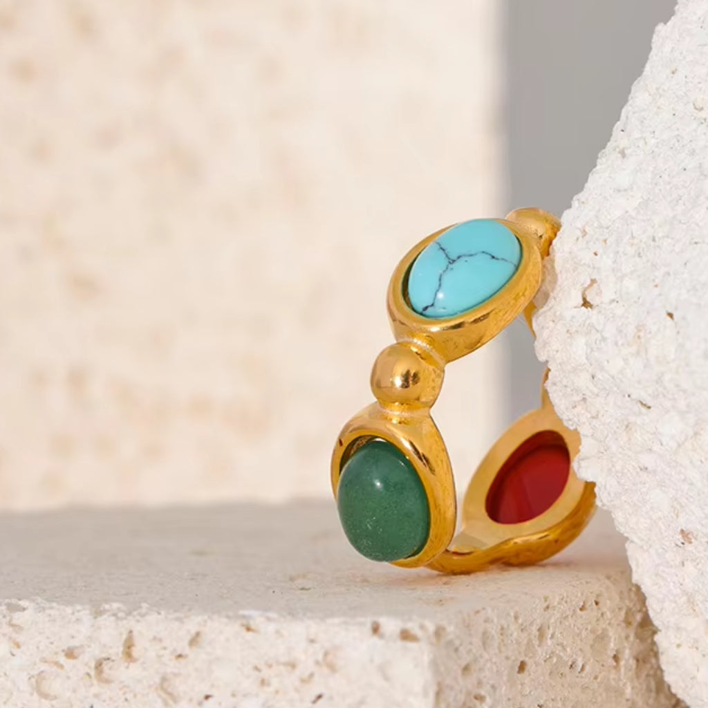 anillo vintage, acero inoxidable, piedras naturales, ágata, turquesa, lapislázuli, joyería de moda, anillo geométrico, anillo texturizado, regalo