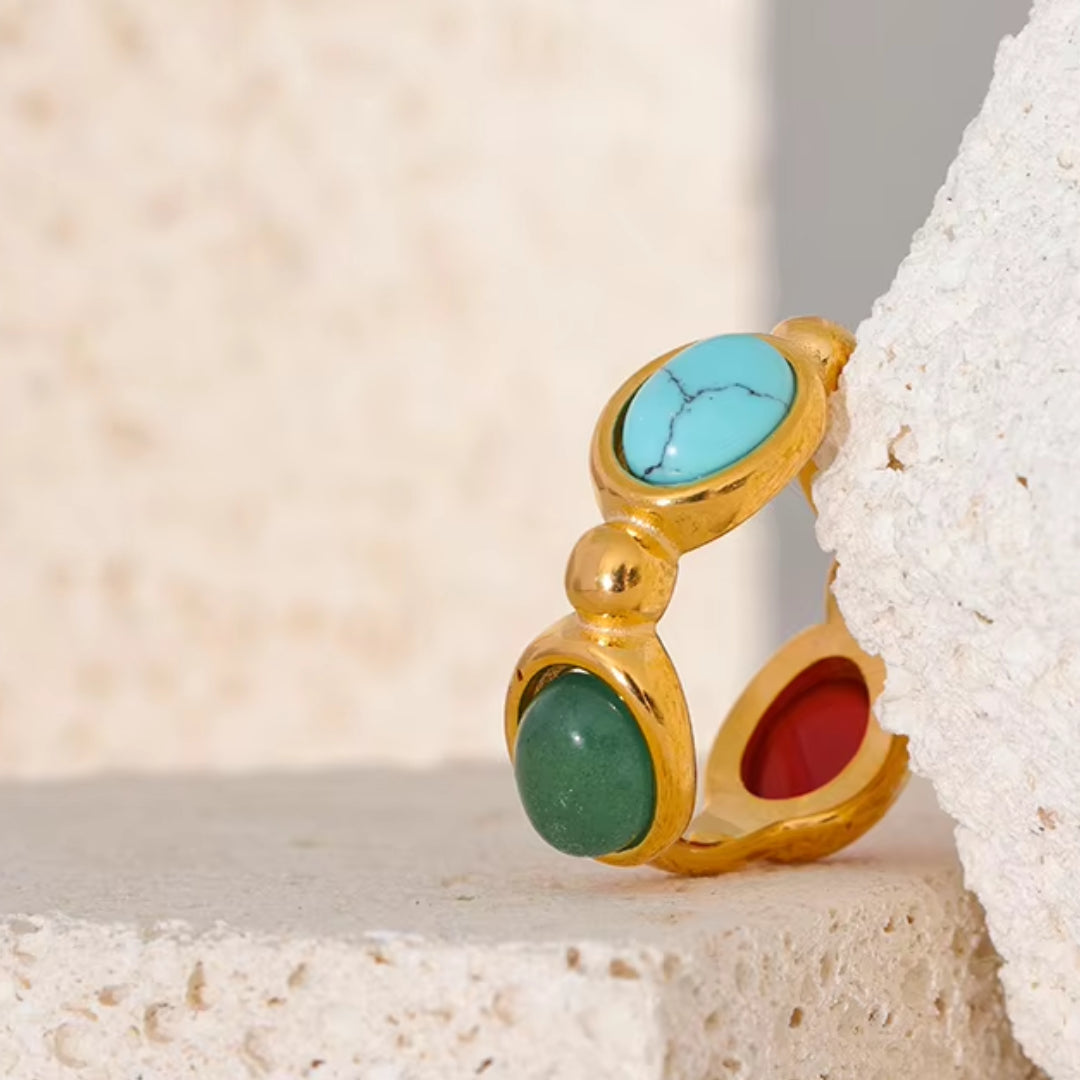 anillo vintage, acero inoxidable, piedras naturales, ágata, turquesa, lapislázuli, joyería de moda, anillo geométrico, anillo texturizado, regalo