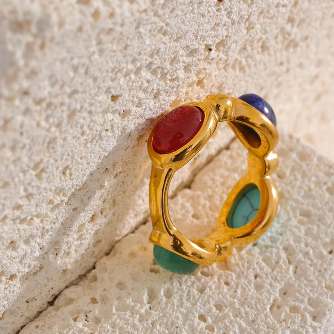 anillo vintage, acero inoxidable, piedras naturales, ágata, turquesa, lapislázuli, joyería de moda, anillo geométrico, anillo texturizado, regalo