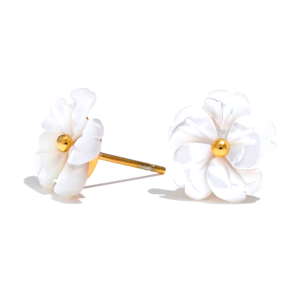 aretes, flor de concha, acero inoxidable, baño de oro, moda coreana, joyería de moda, aretes románticos, joyería premium, regalo