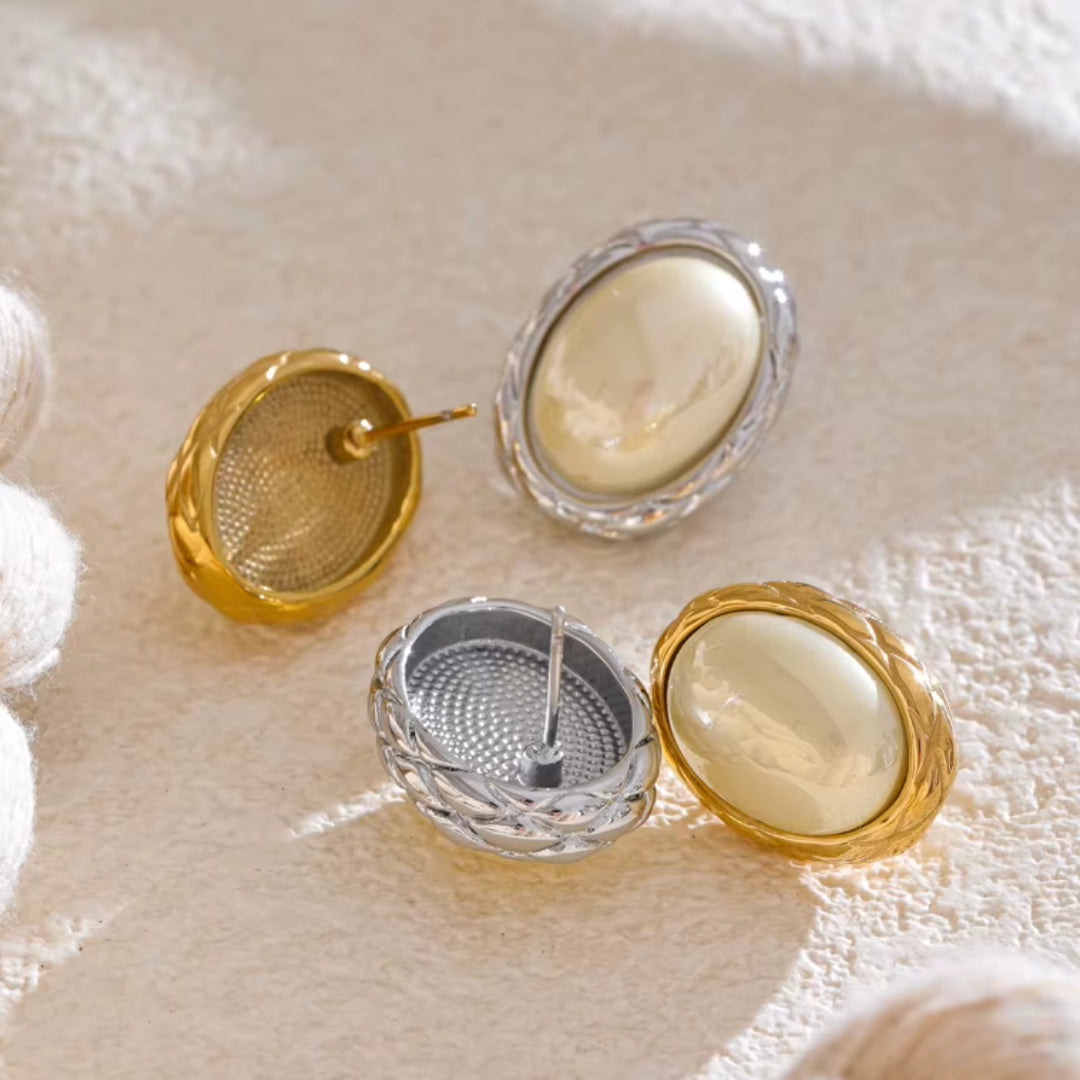 aretes estilo coreano, joyería moderna, oro 18k PVD, perlas ovaladas, aretes geométricos, joyas para mujer, Aura Perla, regalos elegantes, moda coreana