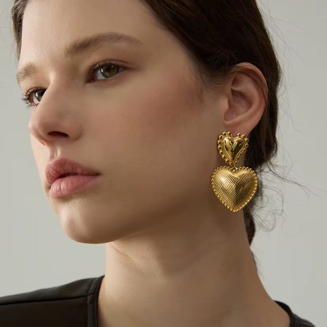 aretes corazón, aretes románticos, aretes geométricos, joyería de acero inoxidable, aretes chapados en oro 18K, Lenora Jewelry