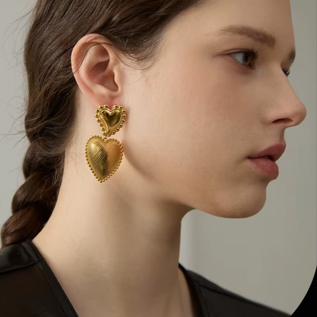 aretes corazón, aretes románticos, aretes geométricos, joyería de acero inoxidable, aretes chapados en oro 18K, Lenora Jewelry