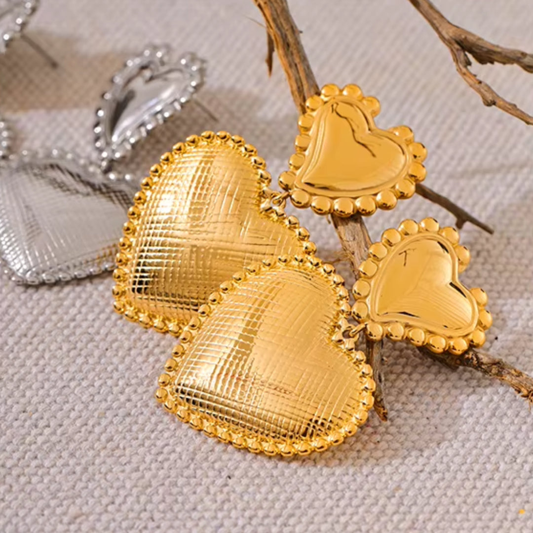 aretes corazón, aretes románticos, aretes geométricos, joyería de acero inoxidable, aretes chapados en oro 18K, Lenora Jewelry