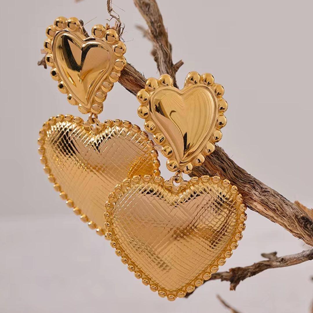 aretes corazón, aretes románticos, aretes geométricos, joyería de acero inoxidable, aretes chapados en oro 18K, Lenora Jewelry