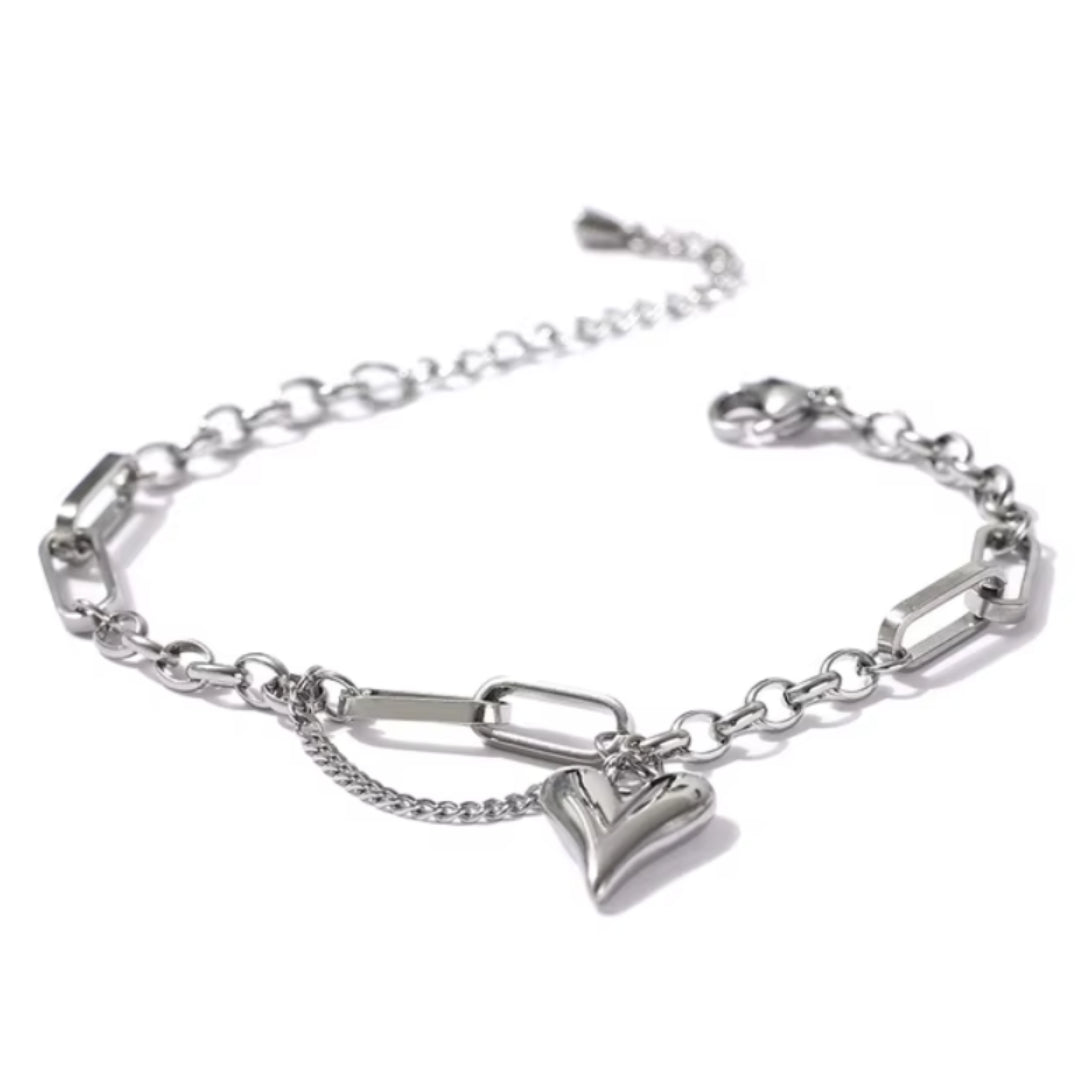 brazalete de acero inoxidable, pulsera con corazón, joyería elegante, pulsera de verano, brazalete dorado, joyería moderna, regalo para mujeres, brazalete ajustable






