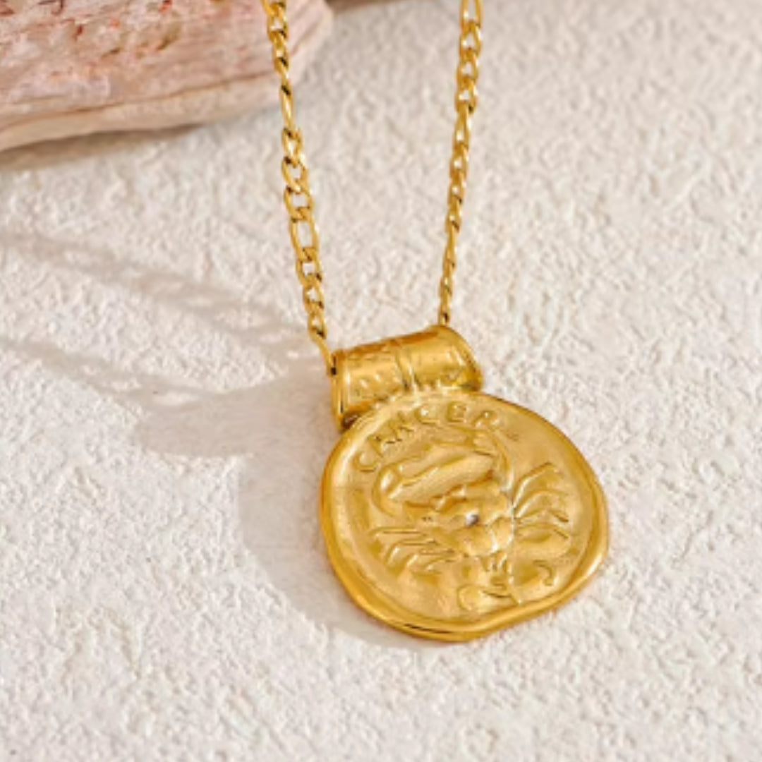 Collar de constelaciones dorado con diseño vintage, Collar zodiacal martillado en acero inoxidable, Joyería dorada 18k con signos zodiacales
https://lenorajewelry.com/collar-constelaciones-dorado-vintage-martillado