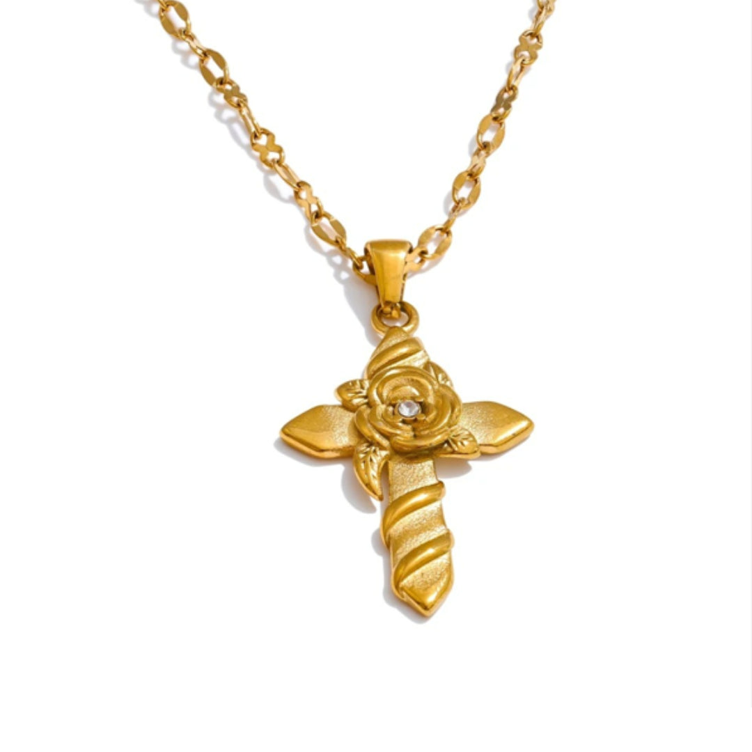 Detalle Colgante Cruz Floral Chapado Oro – lenorajewelry.com/collar-aura-divina-cruz-flores-oro
collar de oro, joyería fina, cruz de flores, regalo mujer, acero inoxidable, chapado oro 18k, colgante espiritual, joyería exclusiva, LENORA