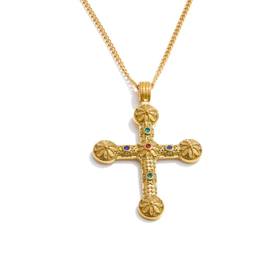 Cruz geométrica en oro y acero para mujer – lenorajewelry.com/collar-cruz-dorada-zirconias
collar cruz dorado, joyería religiosa, zirconias cubicas, regalo para mujer, accesorios elegantes México, lenora joyería, acero inoxidable dorado, cadena ajustable, joyas vintage