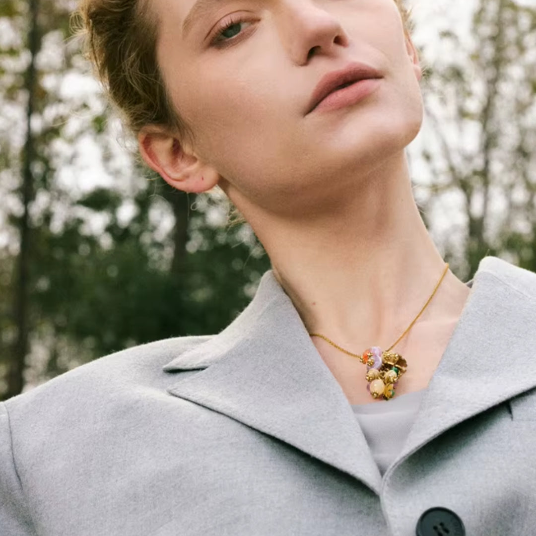 collar artesanal, pendiente hoja, aço inoxidável, joyería resistente al agua, moda francesa, piedra natural, regalo para ella, joyas geométricas