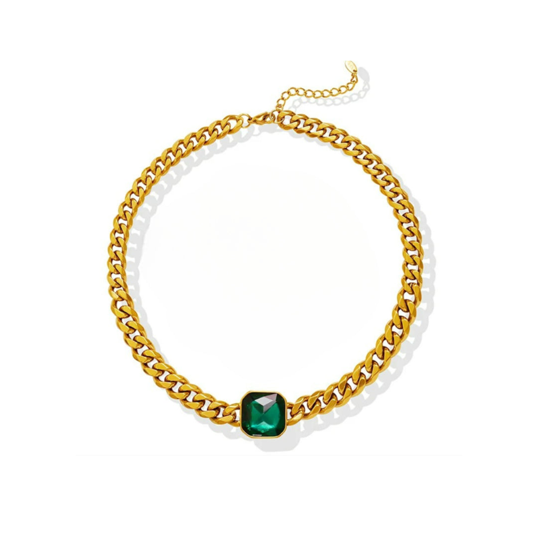 Collar de cadena cubana gruesa con cristales verdes – lenorajewelry.com/collar-llamativo-lenora

Joyería de moda para mujer, collar dorado