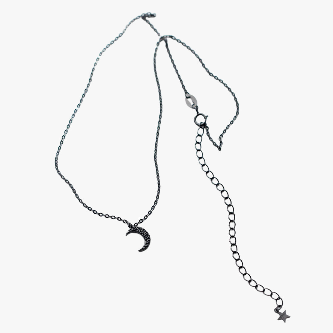 collar de plata 925, colgante de luna, collar de circón negro, joyería minimalista, collar ajustable, joyería fina, collar para mujer, cadena de eslabones