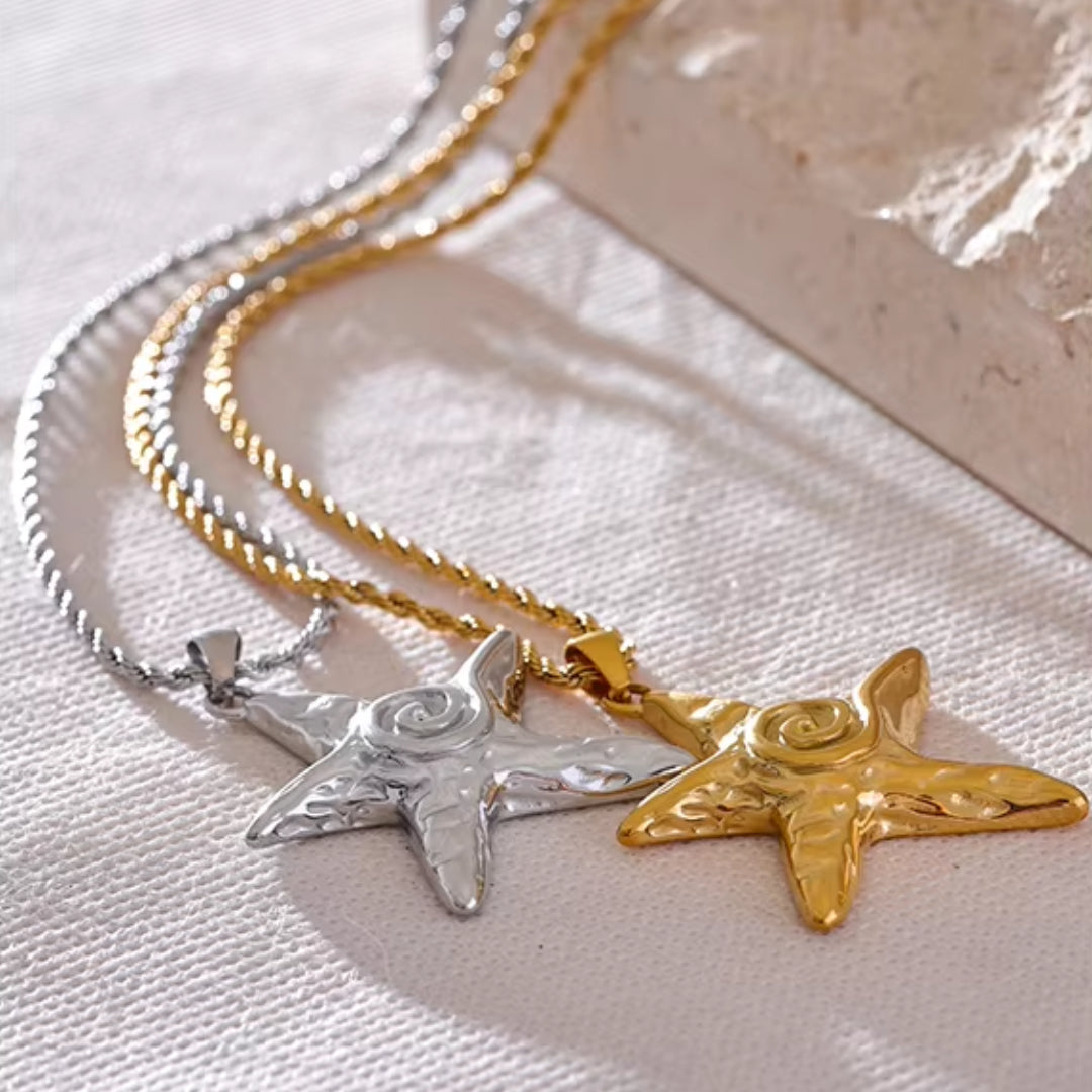 collar starfish, collar estrella de mar, colar con pingente, collar de acero inoxidable, collar baño de oro 18k, collar resistente al óxido, joyería individualista, collares statement, collar moda mujer, collares para destacar.