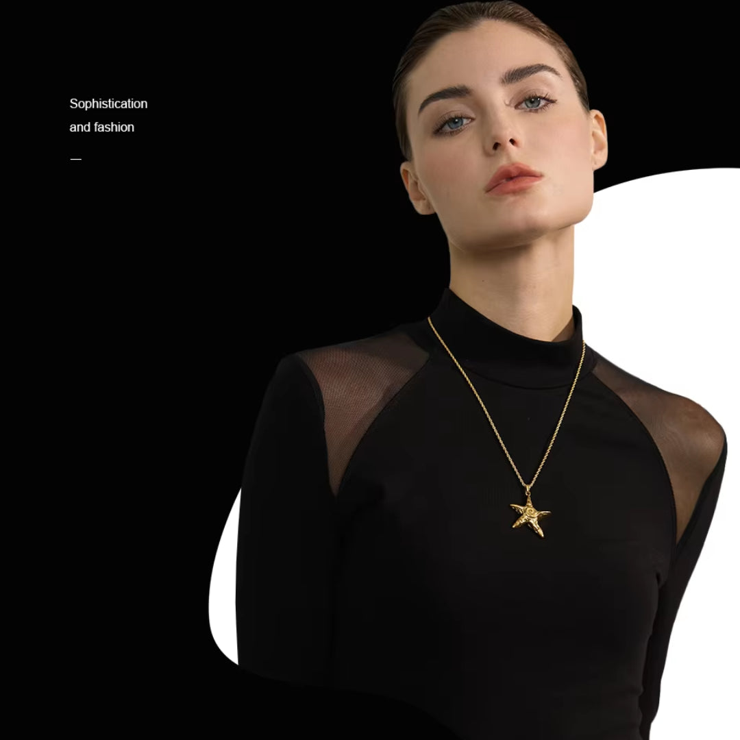 collar starfish, collar estrella de mar, colar con pingente, collar de acero inoxidable, collar baño de oro 18k, collar resistente al óxido, joyería individualista, collares statement, collar moda mujer, collares para destacar.