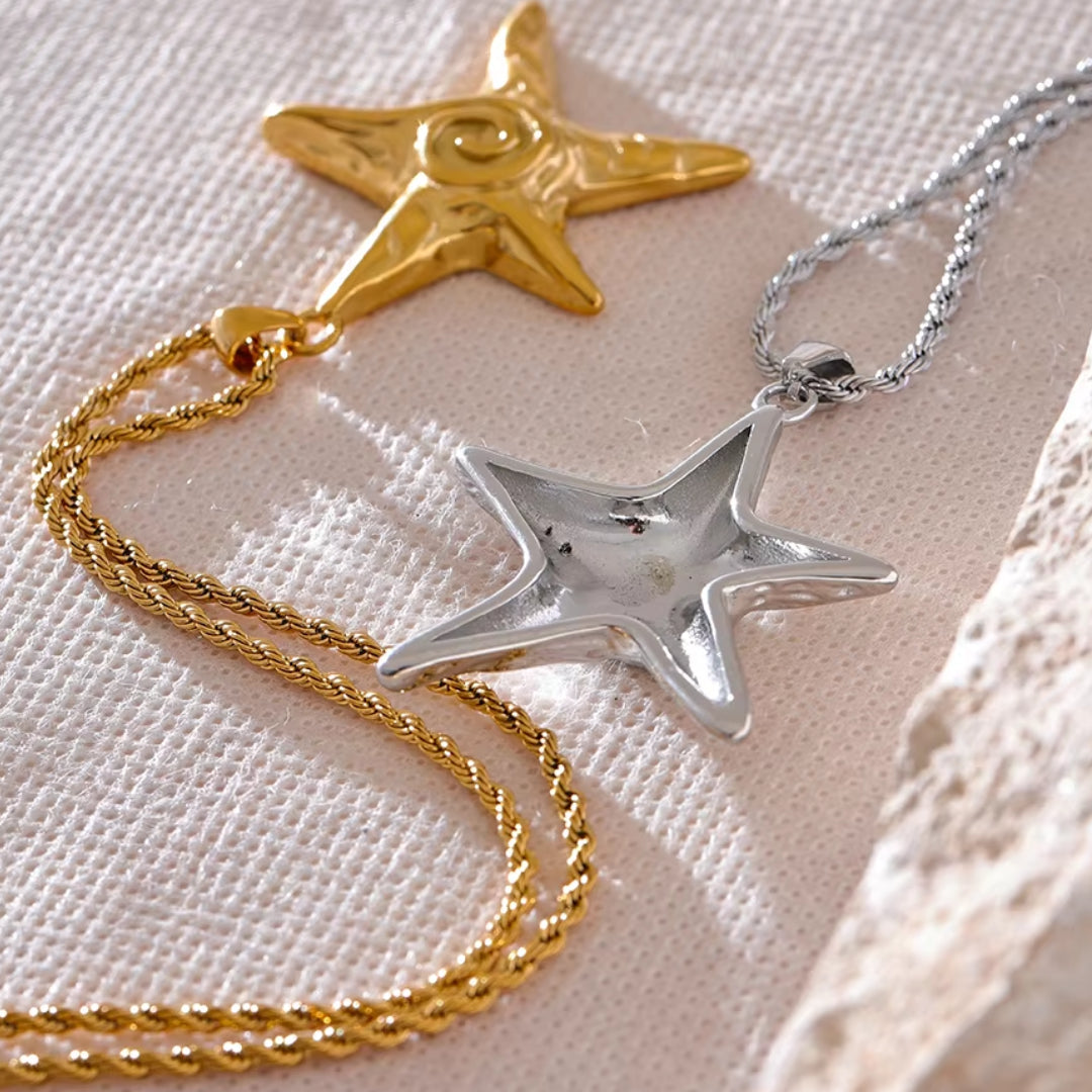 collar starfish, collar estrella de mar, colar con pingente, collar de acero inoxidable, collar baño de oro 18k, collar resistente al óxido, joyería individualista, collares statement, collar moda mujer, collares para destacar.