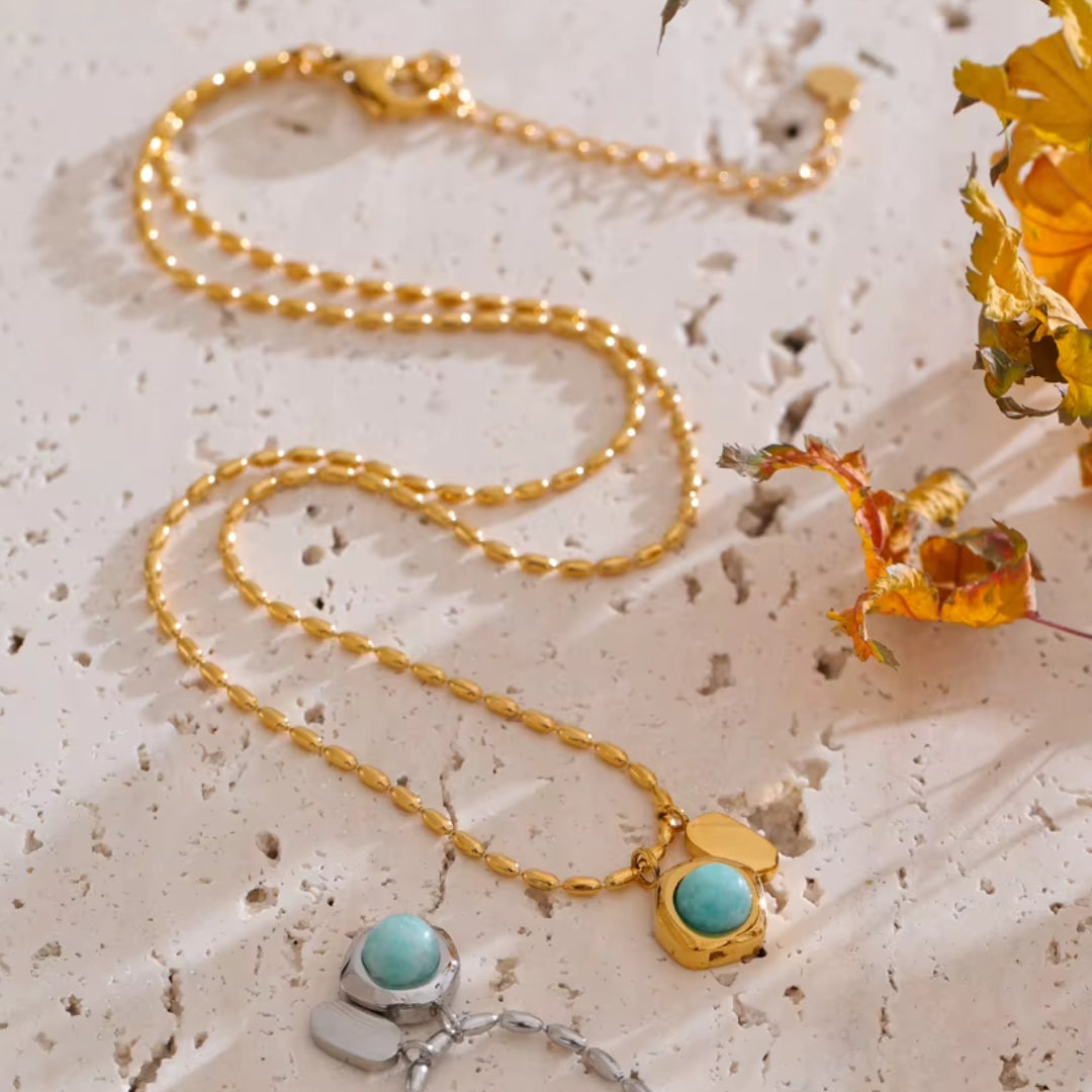 collar de amazonita, collar de acero inoxidable, collar bañado en oro, collar coreano, joyería de moda, collares para mujer